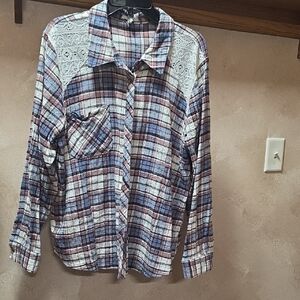 Maurices Plaid Button-Up Shirt with Lace Details
